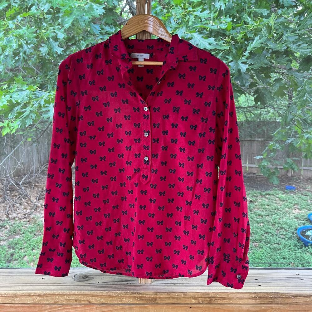 J. Crew Women's Red & Black Bow Print Blouse Cotton/Silk Size 8